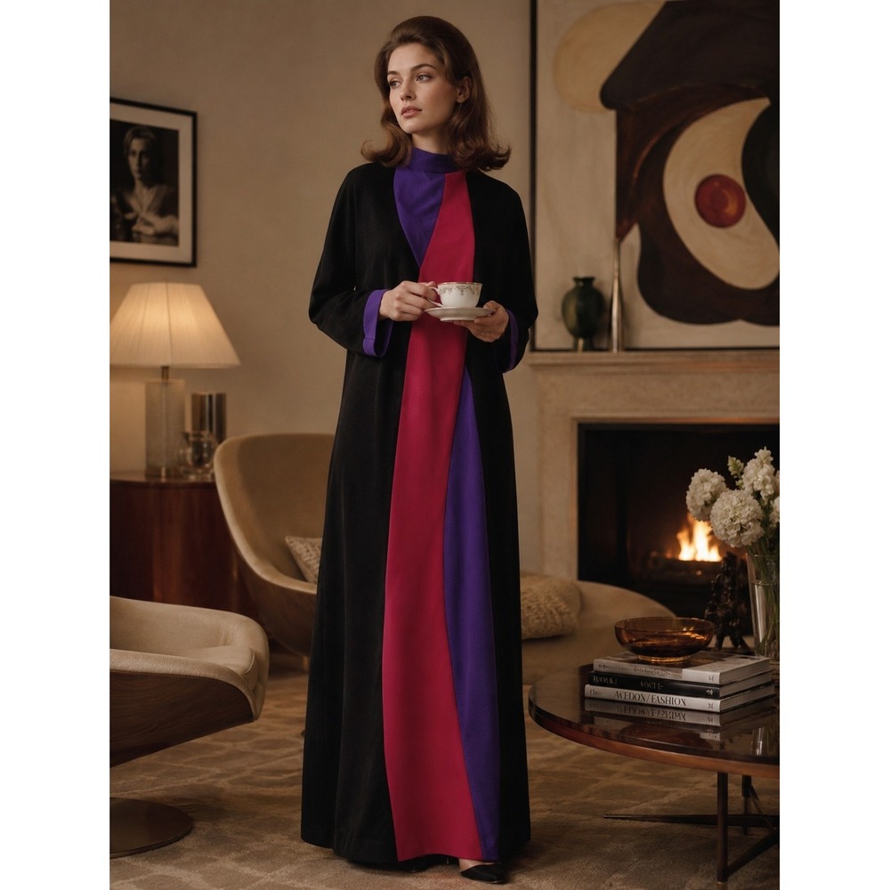 VTG Vanity Fair Colorblock Fleece Nightgown L House Dress Coat Robe Retro Comfy